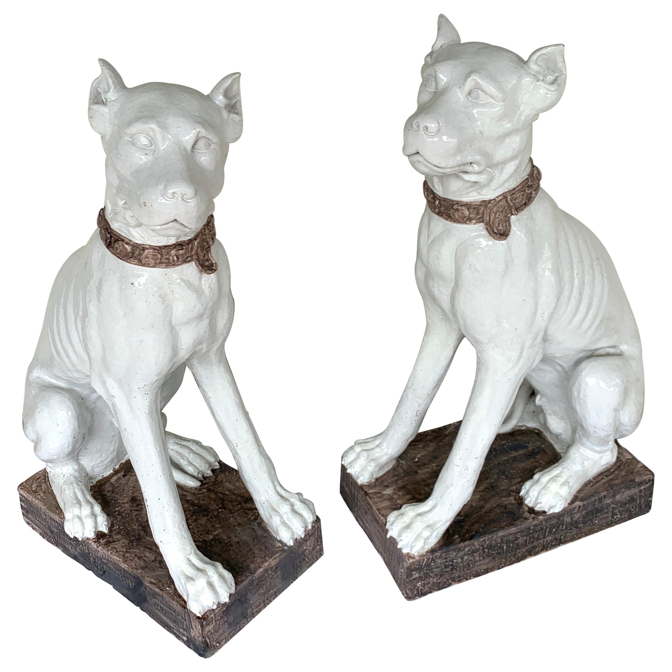 Monumental Pair of Italian Pottery Figures Seated White Great Danes with Collars For Sale