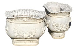 Monumental Pair of Italian Rose Marble Jardinières Garden Planters Cache Pot 24"