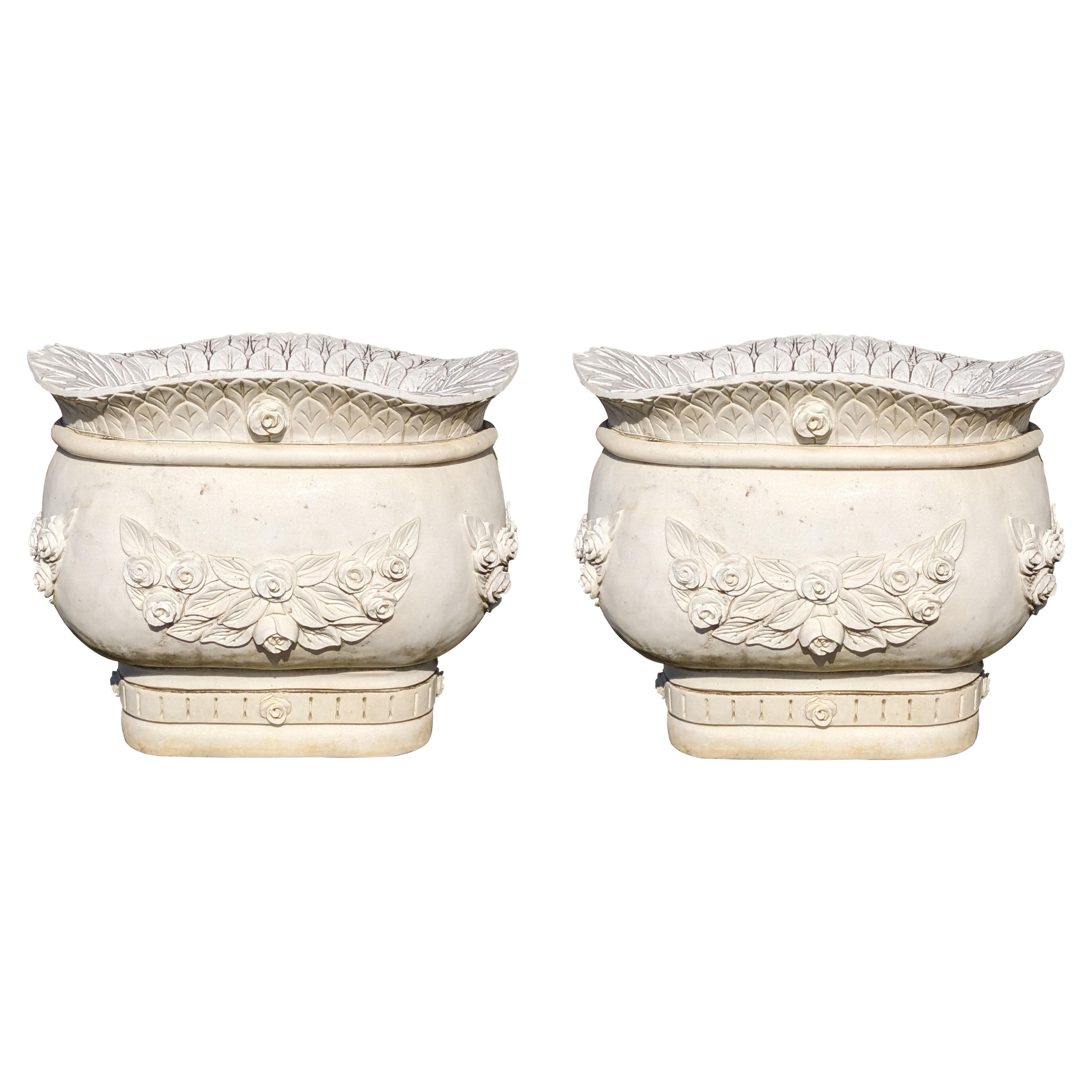 Monumental Paire de Jardinières en Marbre Rose Italien Cache Pot 24"