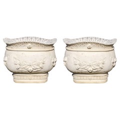 Monumental Pair of Italian Rose Marble Jardinières Garden Planters Cache Pot 24"