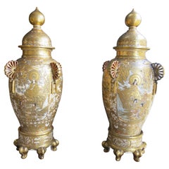 Monumental Pair of Japanese Satsuma Vases and Covers, Meiji Period 19th Century