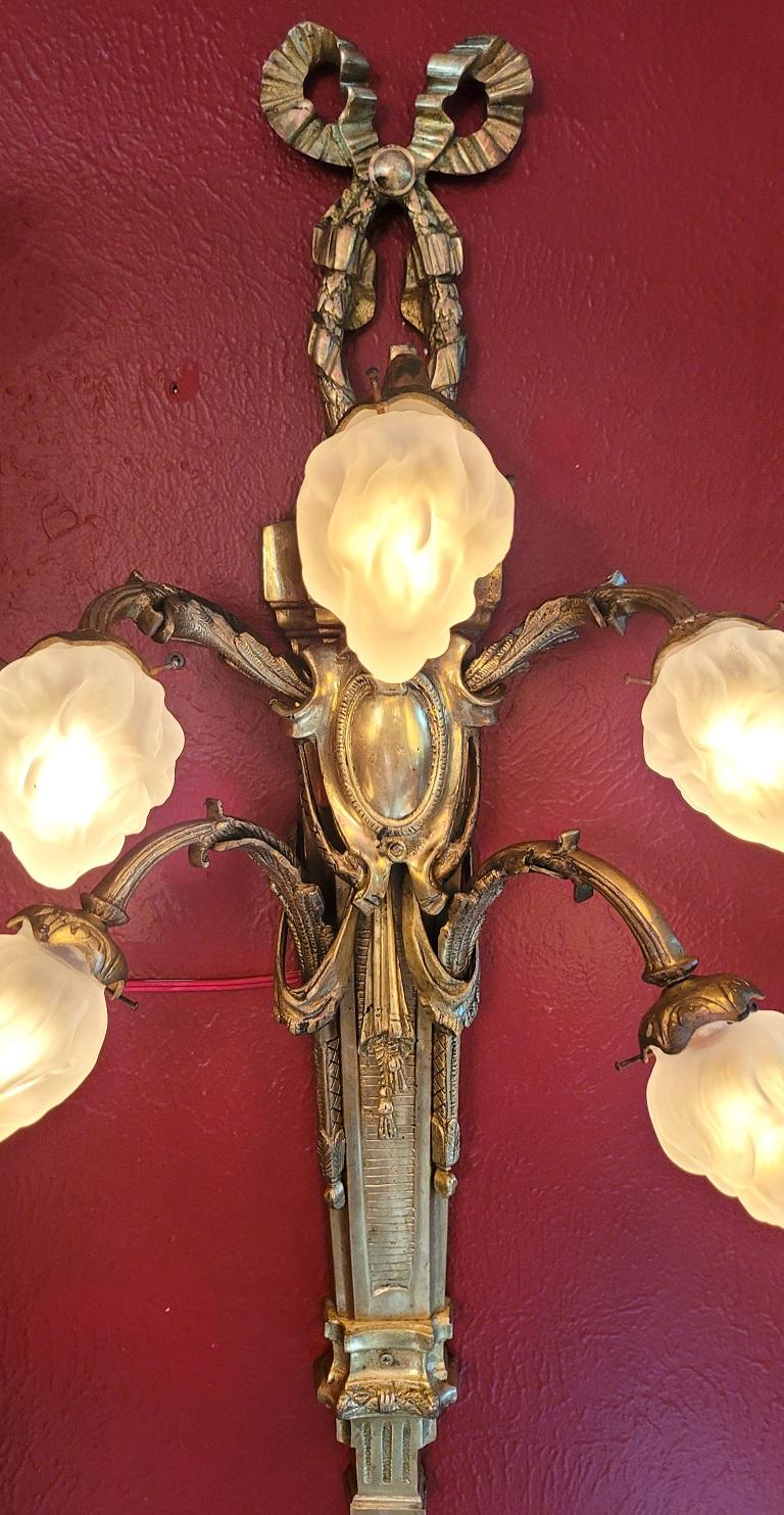 Monumental Pair of Late 19C French Empire Brass Wall Sconces For Sale 4