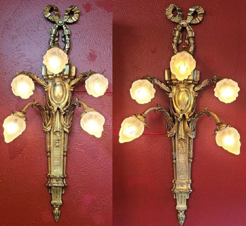 Monumental Pair of Late 19C French Empire Brass Wall Sconces For Sale 12