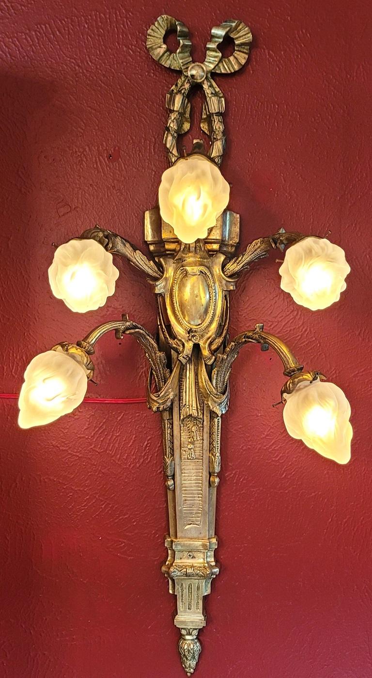 Empire Revival Monumental Pair of Late 19C French Empire Brass Wall Sconces For Sale