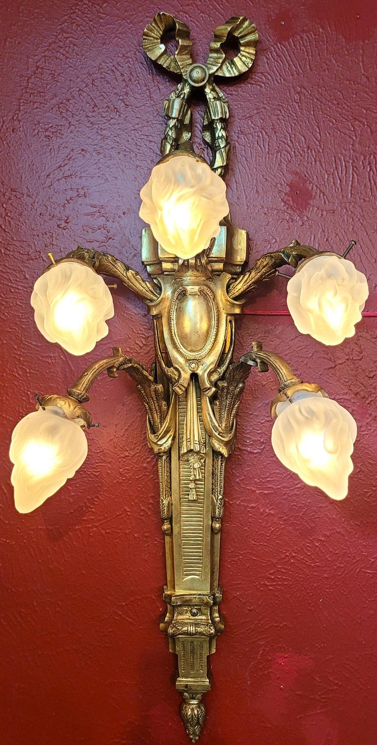 Cast Monumental Pair of Late 19C French Empire Brass Wall Sconces For Sale