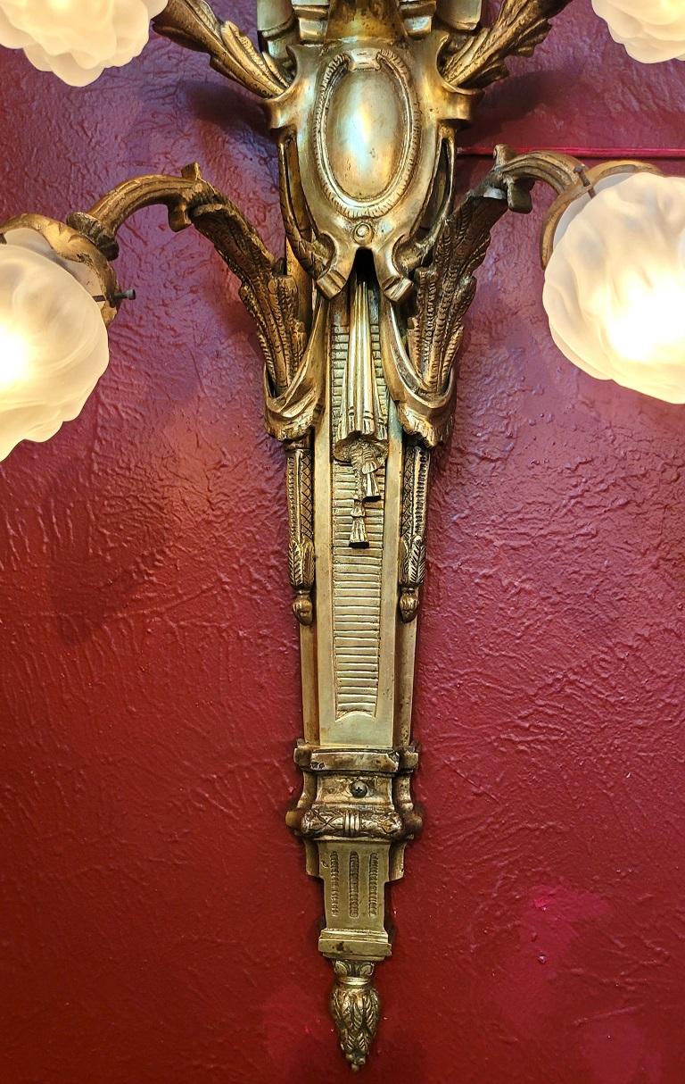 Monumental Pair of Late 19C French Empire Brass Wall Sconces In Good Condition For Sale In Dallas, TX
