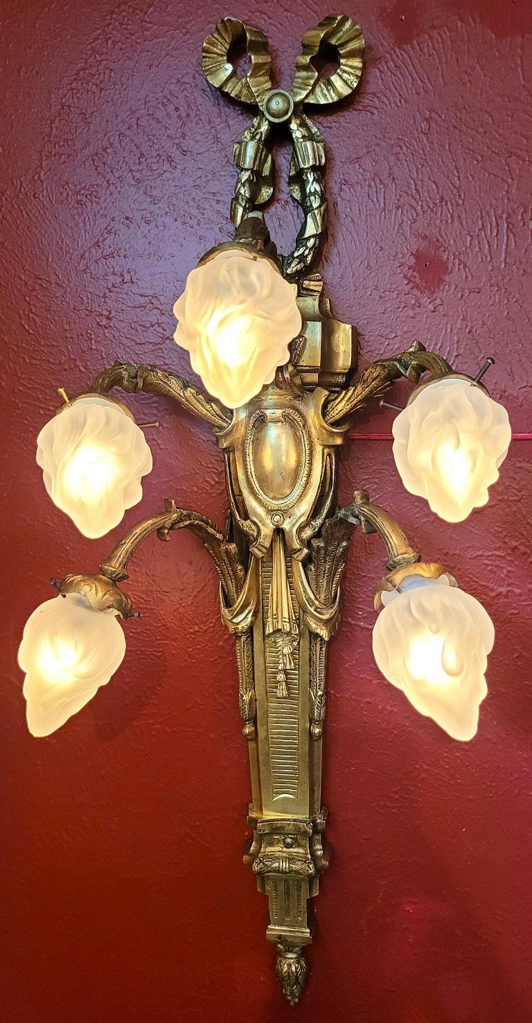 19th Century Monumental Pair of Late 19C French Empire Brass Wall Sconces For Sale