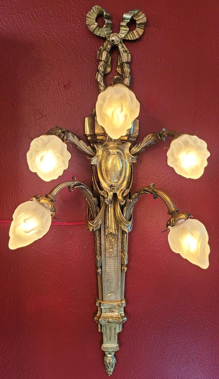 Monumental Pair of Late 19C French Empire Brass Wall Sconces For Sale 1