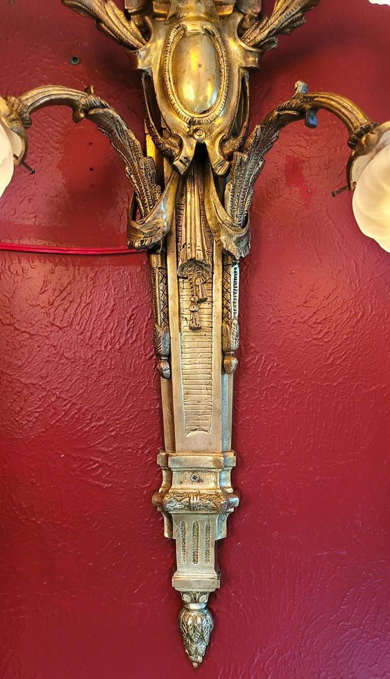 Monumental Pair of Late 19C French Empire Brass Wall Sconces For Sale 2
