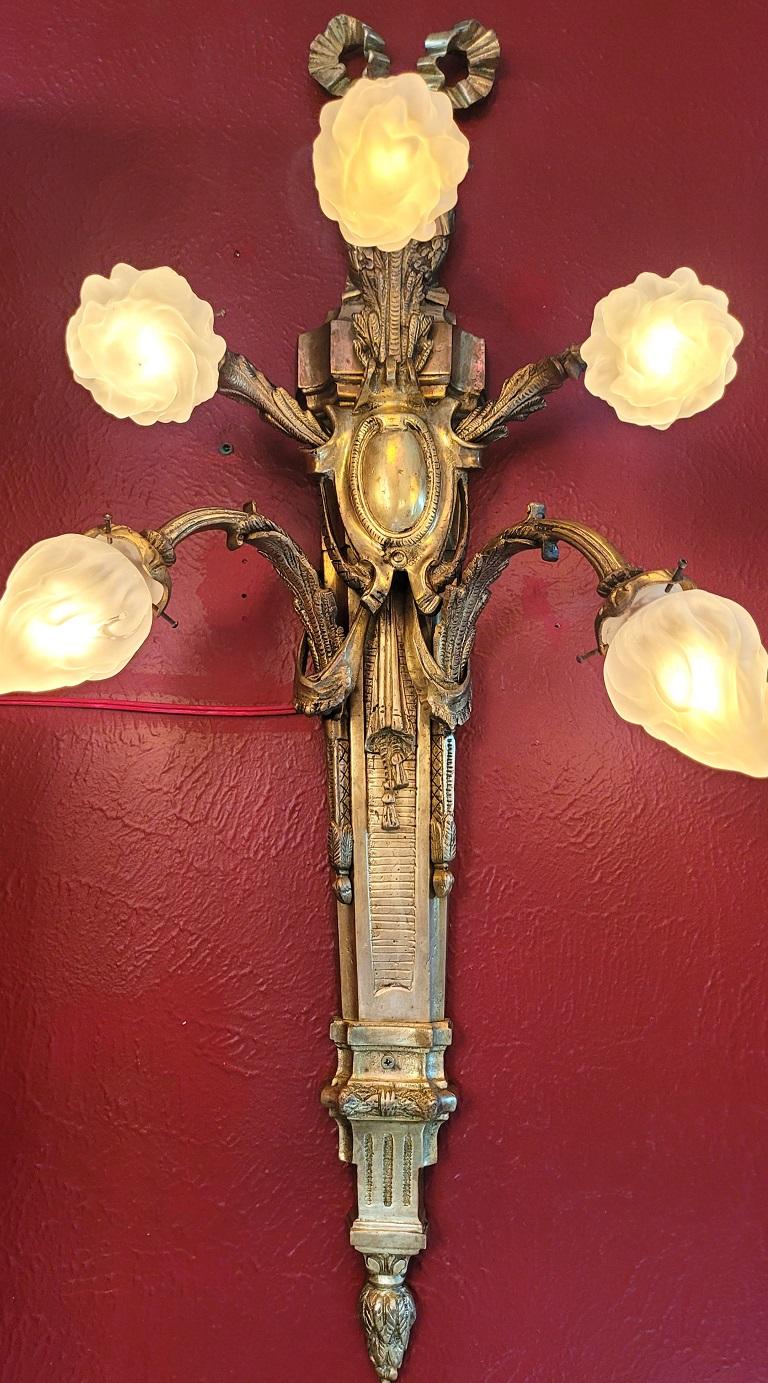 Monumental Pair of Late 19C French Empire Brass Wall Sconces For Sale 3