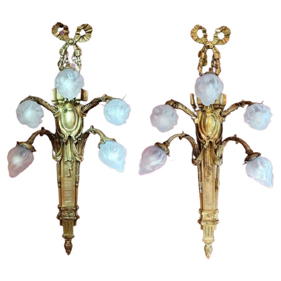 Monumental Pair of Late 19C French Empire Brass Wall Sconces For Sale