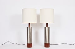 Monumental Pair Laurel Lamp Co. Brushed Aluminum, Walnut Base Column Table Lamps