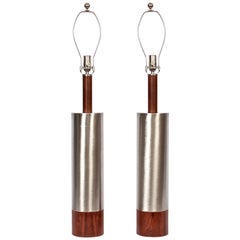 Monumental Pair of Laurel Lamp Co. Brushed Aluminum & Walnut Column Table Lamps