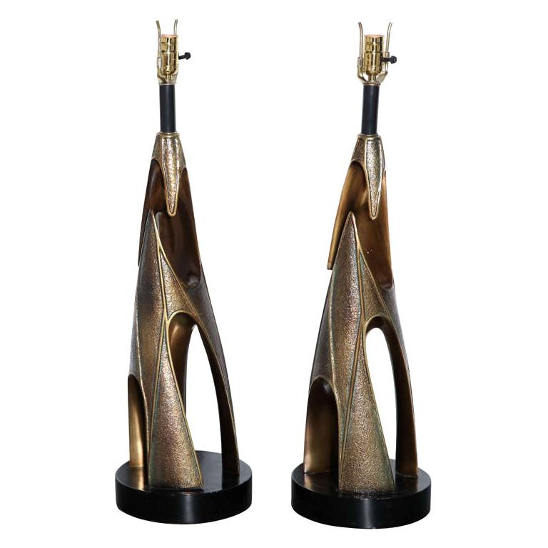 Monumental Pair of Laurel Lamp Co. Paul Evans Style Bronze Resin Table Lamps