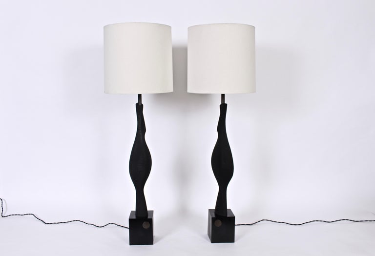 Monumental Pair of Laurel Lamp Co. Sculpted Black Ebonized Wood Table