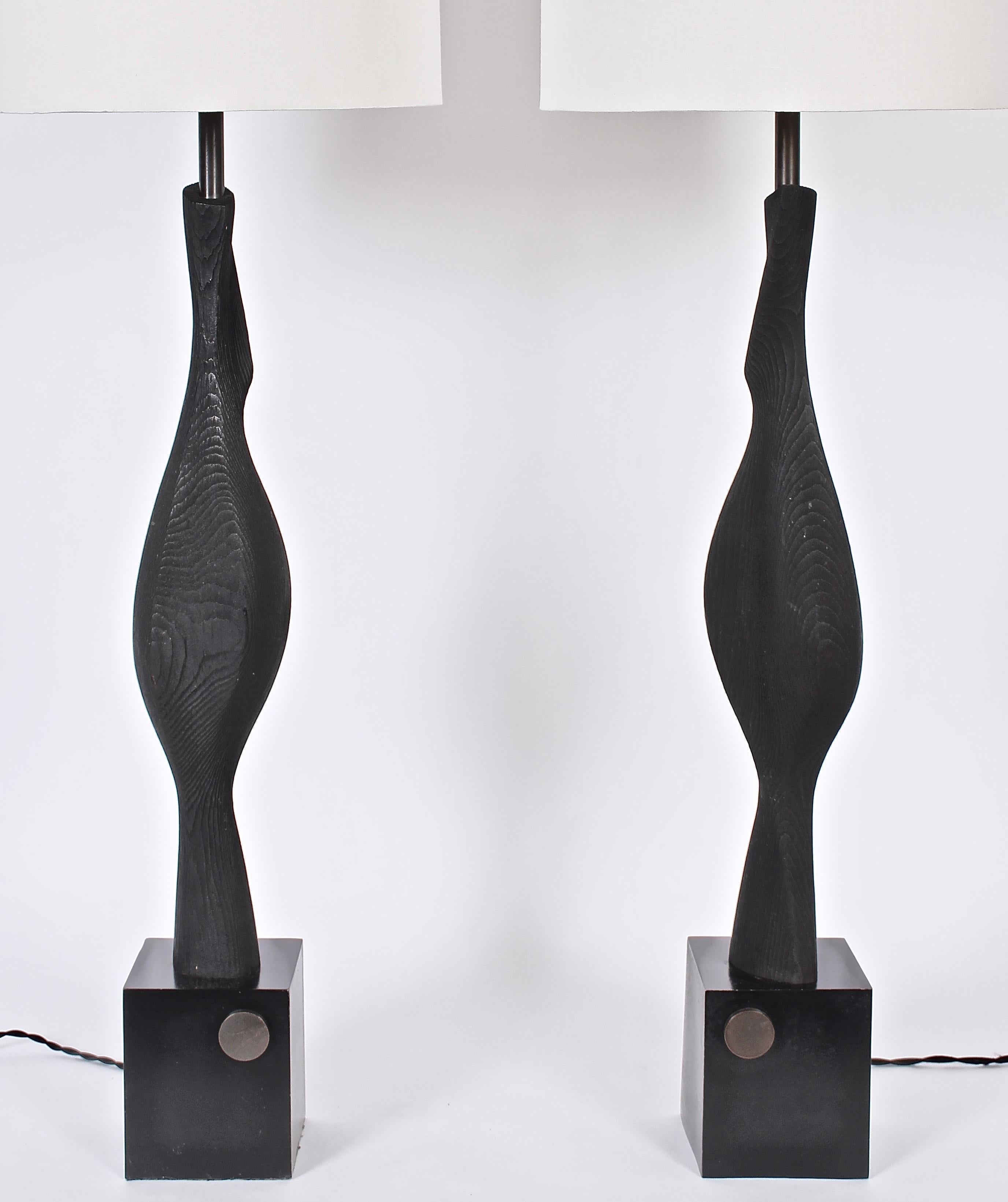 Modern Monumental Pair of Laurel Lamp Co. Sculpted Black Ebonized Wood Table Lamps