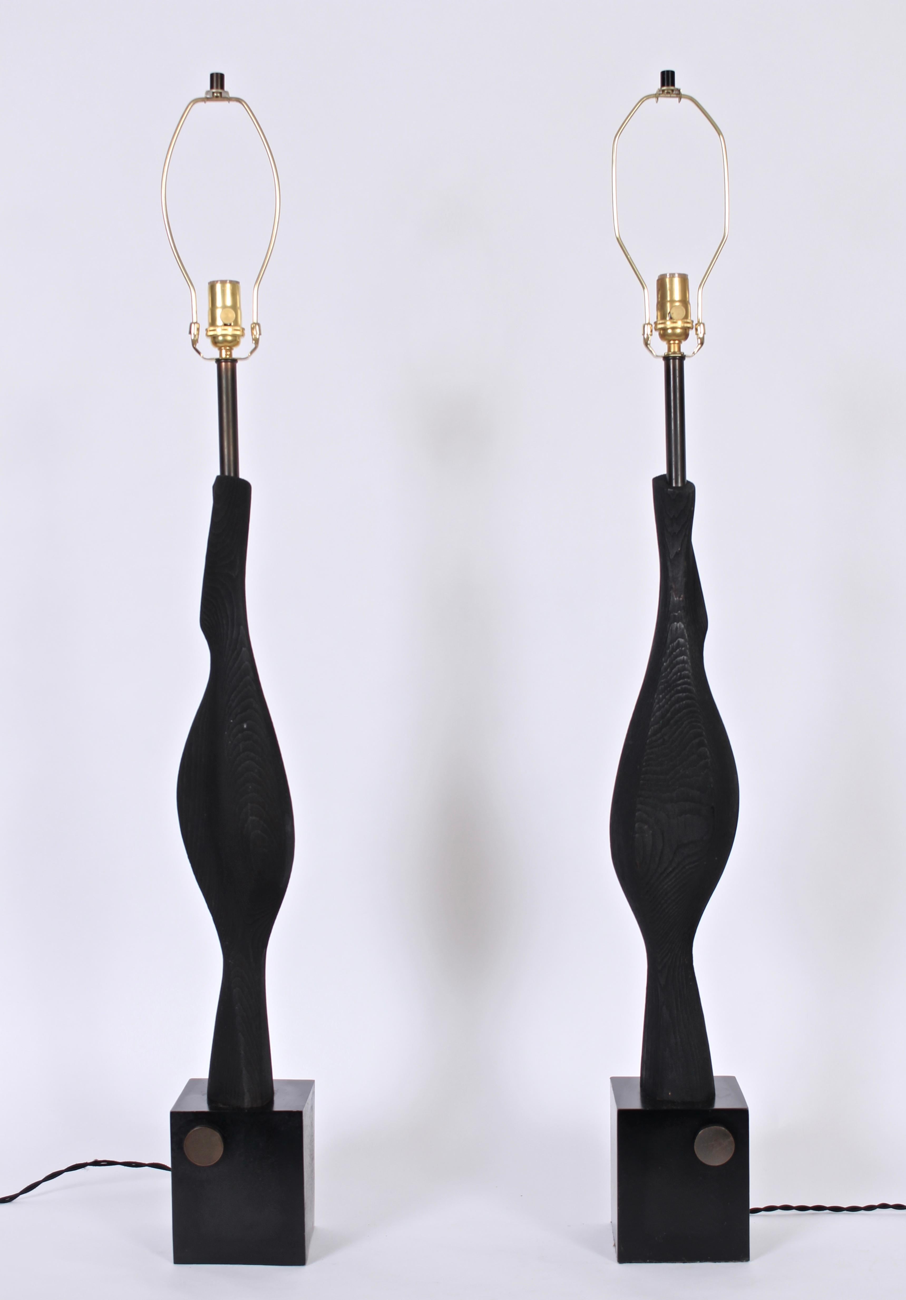 American Monumental Pair of Laurel Lamp Co. Sculpted Black Ebonized Wood Table Lamps