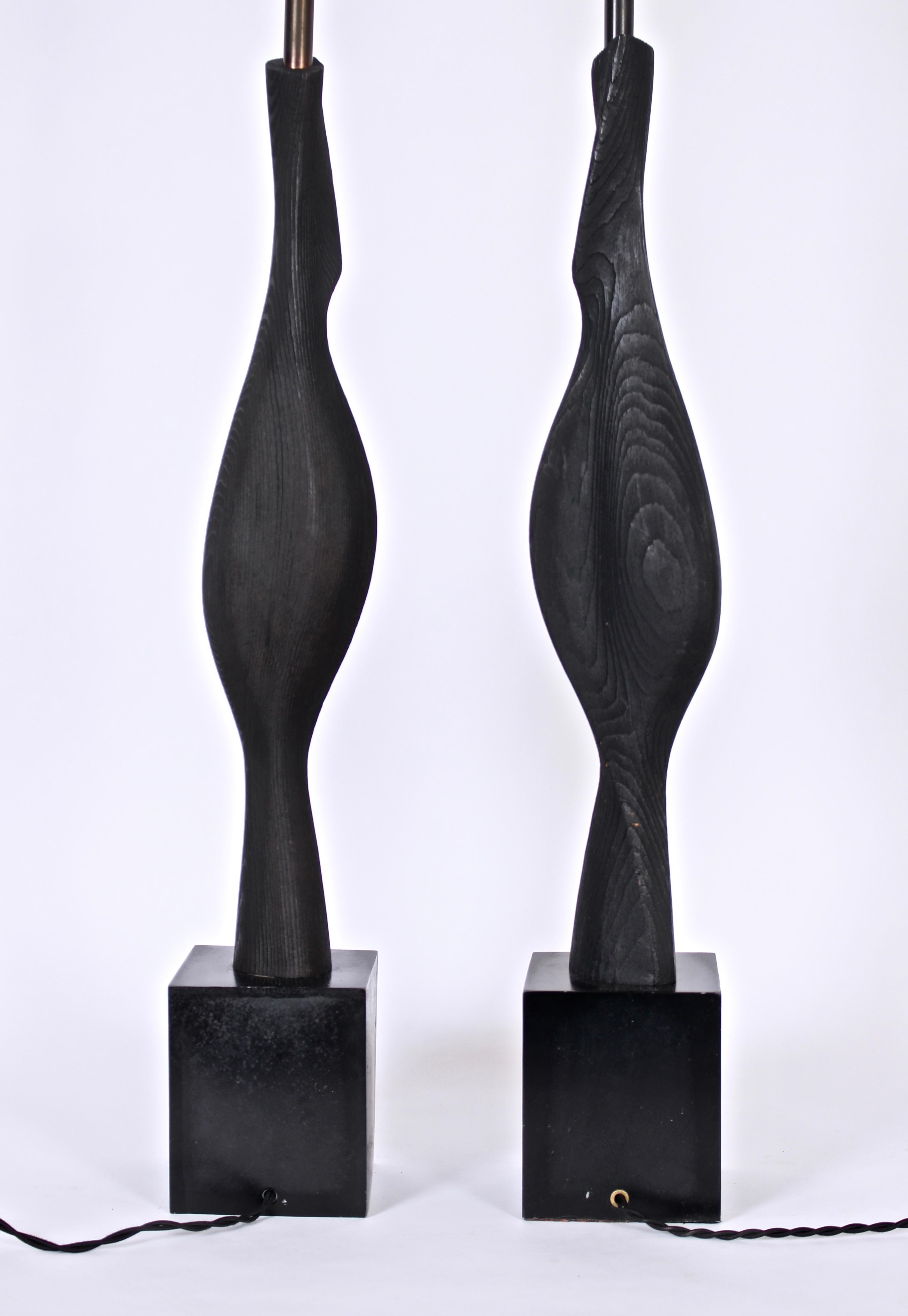 Mid-20th Century Monumental Pair of Laurel Lamp Co. Sculpted Black Ebonized Wood Table Lamps