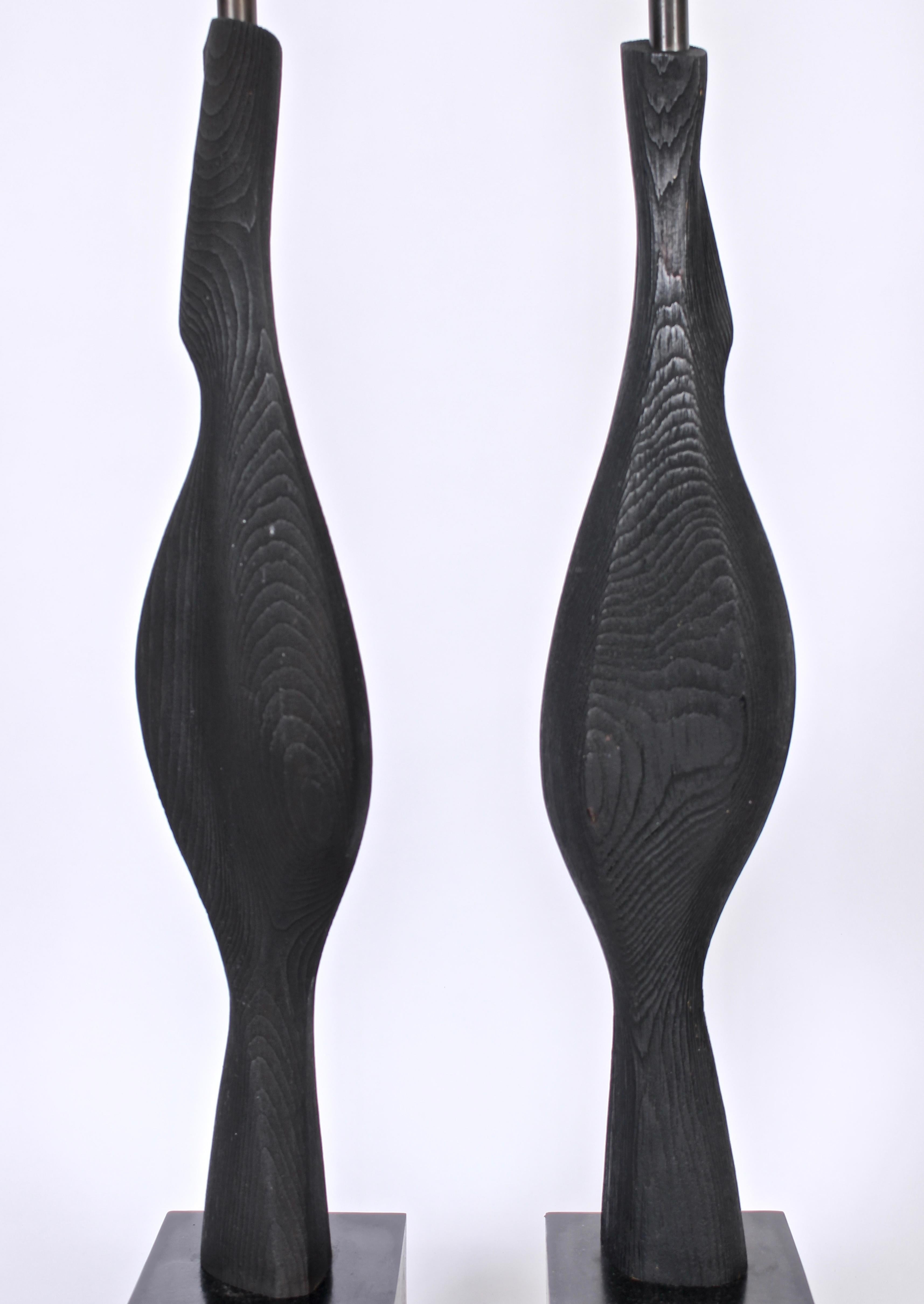 Brass Monumental Pair of Laurel Lamp Co. Sculpted Black Ebonized Wood Table Lamps