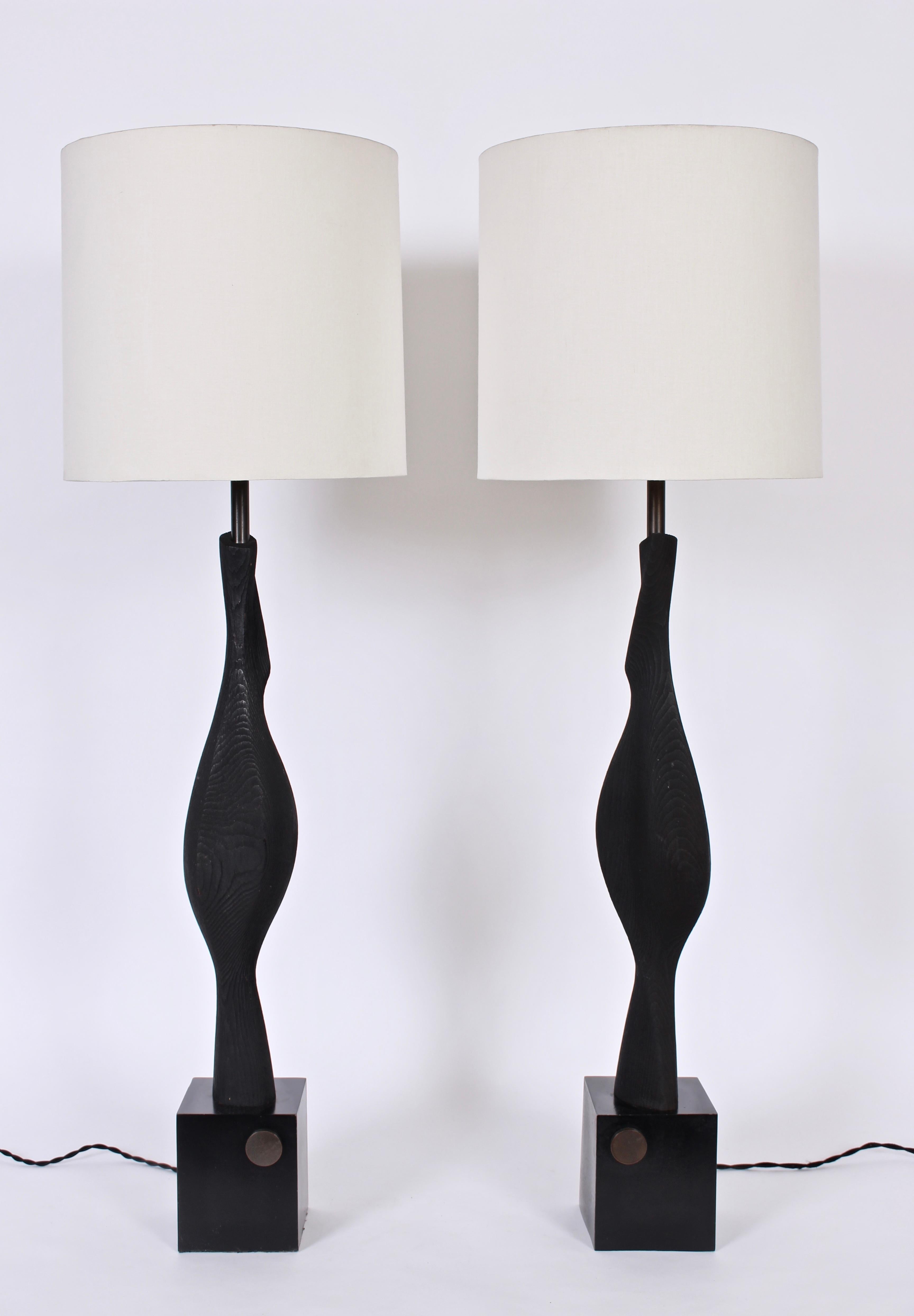 Monumental Pair of Laurel Lamp Co. Sculpted Black Ebonized Wood Table Lamps 2