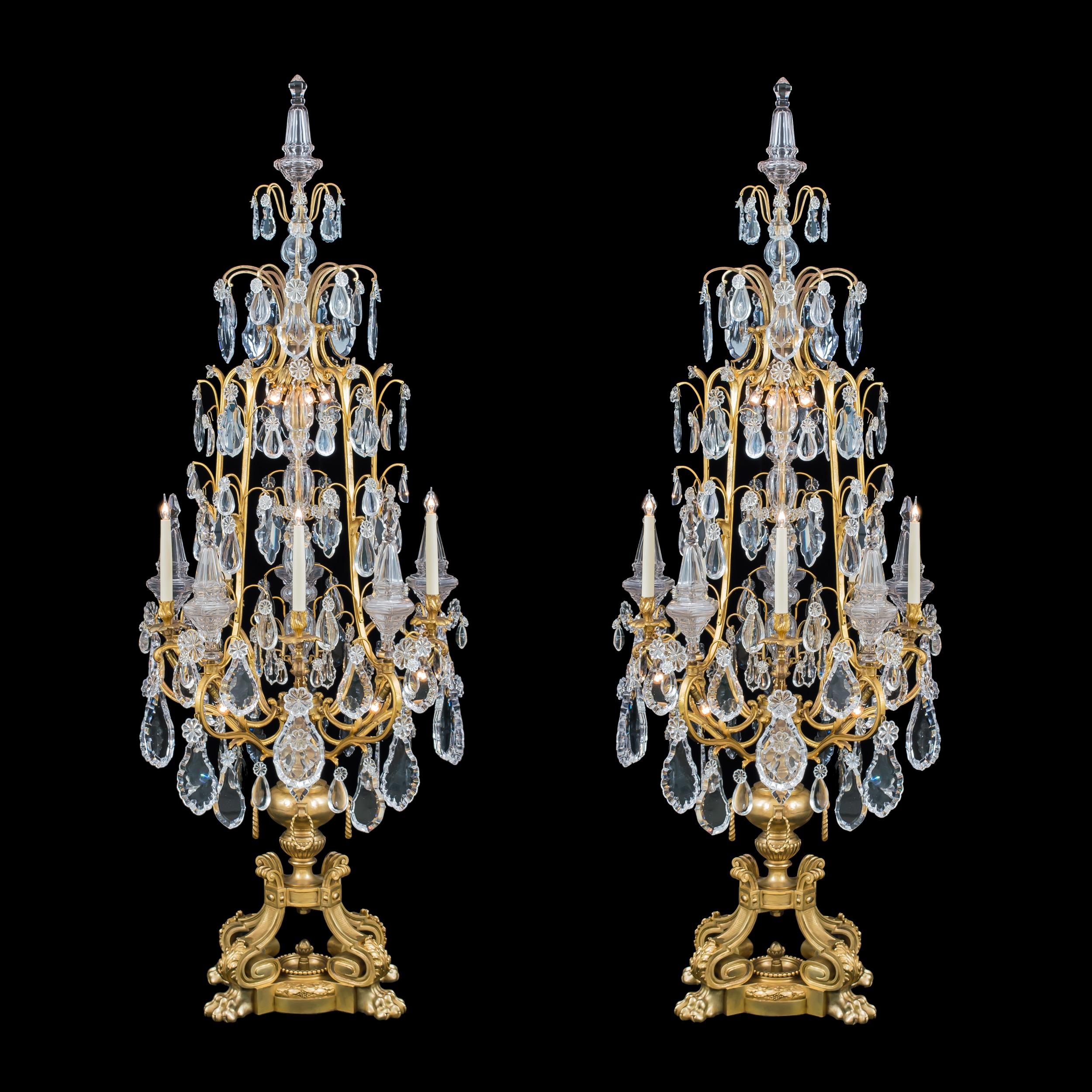French Monumental Pair of Louis XV Style Ormolu and Crystal Girandoles by Baccarat For Sale