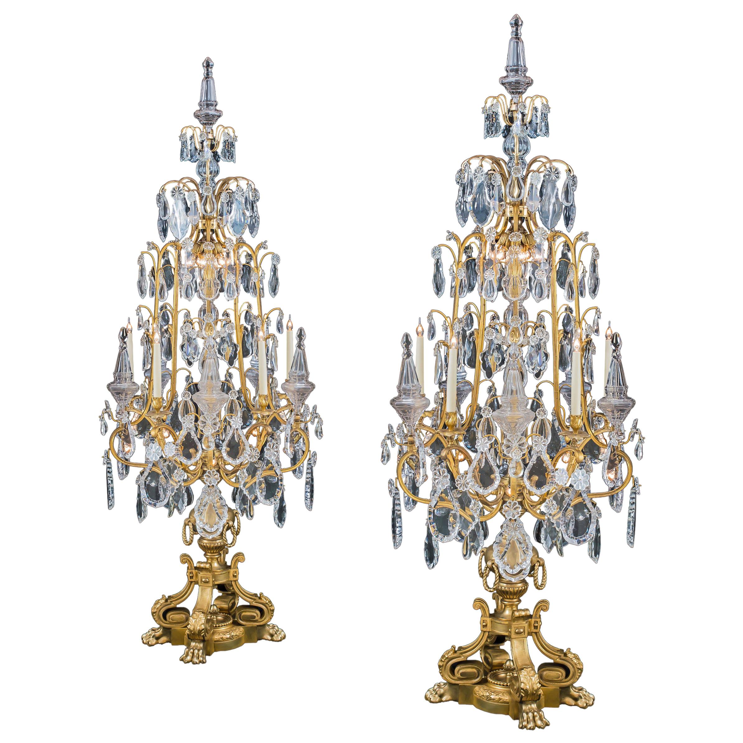 Monumental Pair of Louis XV Style Ormolu and Crystal Girandoles by Baccarat For Sale