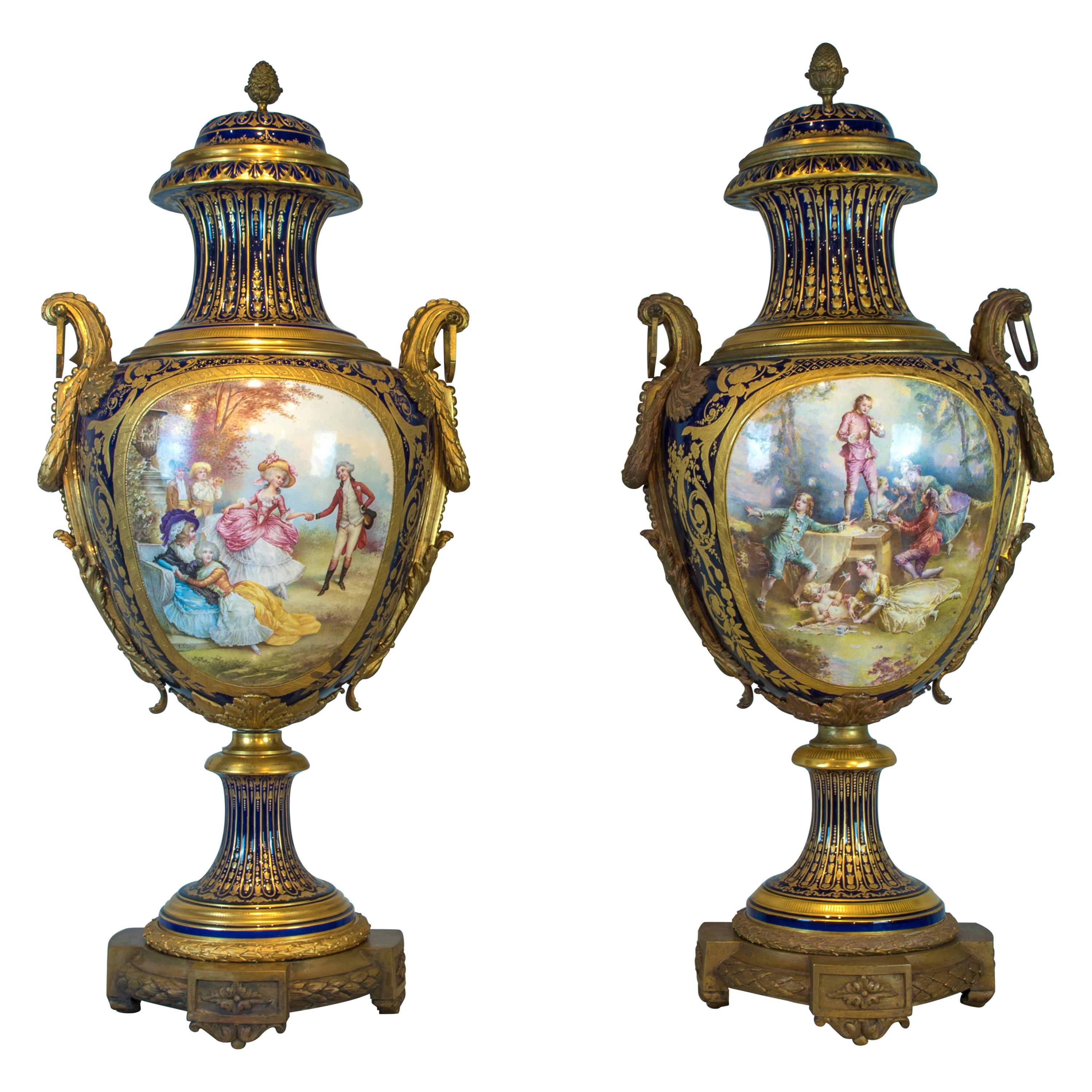 Monumental Pair of Magnificent Ormolu Mounted Sèvres Porcelain Vases