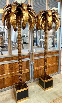 Monumental Pair of Maison Jansen Gilt Metal Palm Tree Floor Lamps