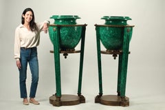 Monumental Pair of Malachite and Bronze Neoclassical Style Urns on Stand