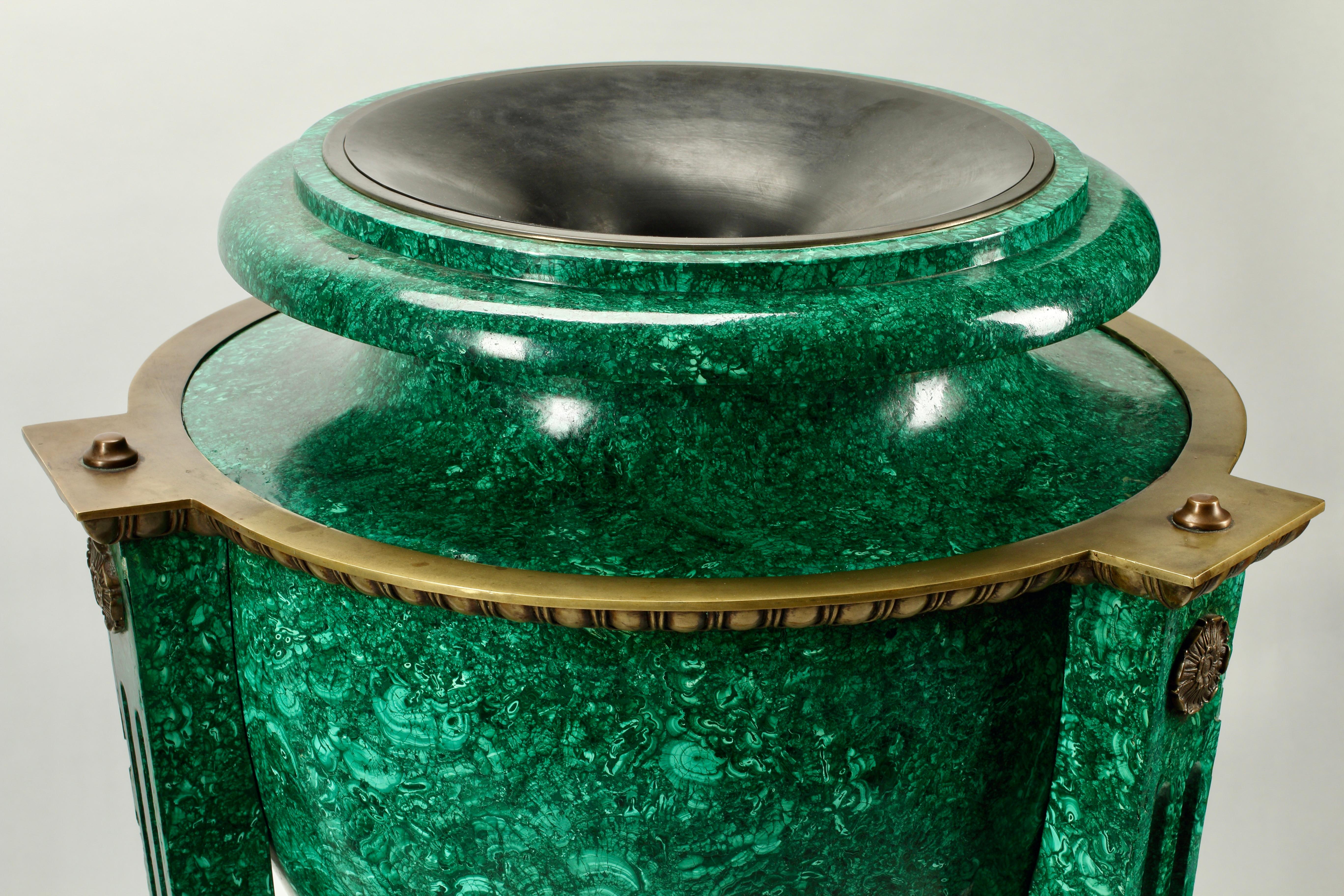 European Monumental Pair of Malachite and Bronze Neoclassical Style Urns on Stand For Sale