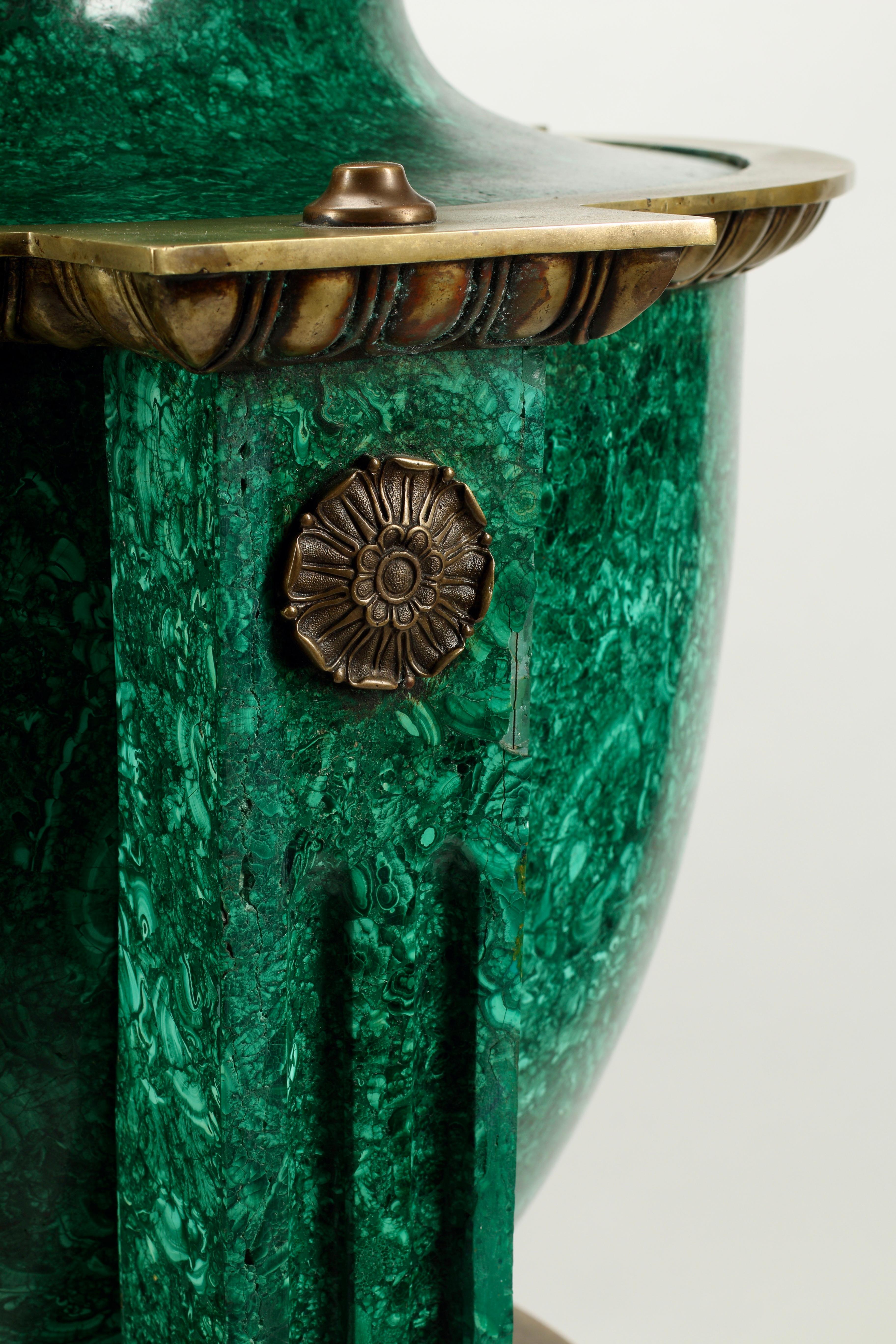 Monumental Pair of Malachite and Bronze Neoclassical Style Urns on Stand In Good Condition For Sale In El Monte, CA