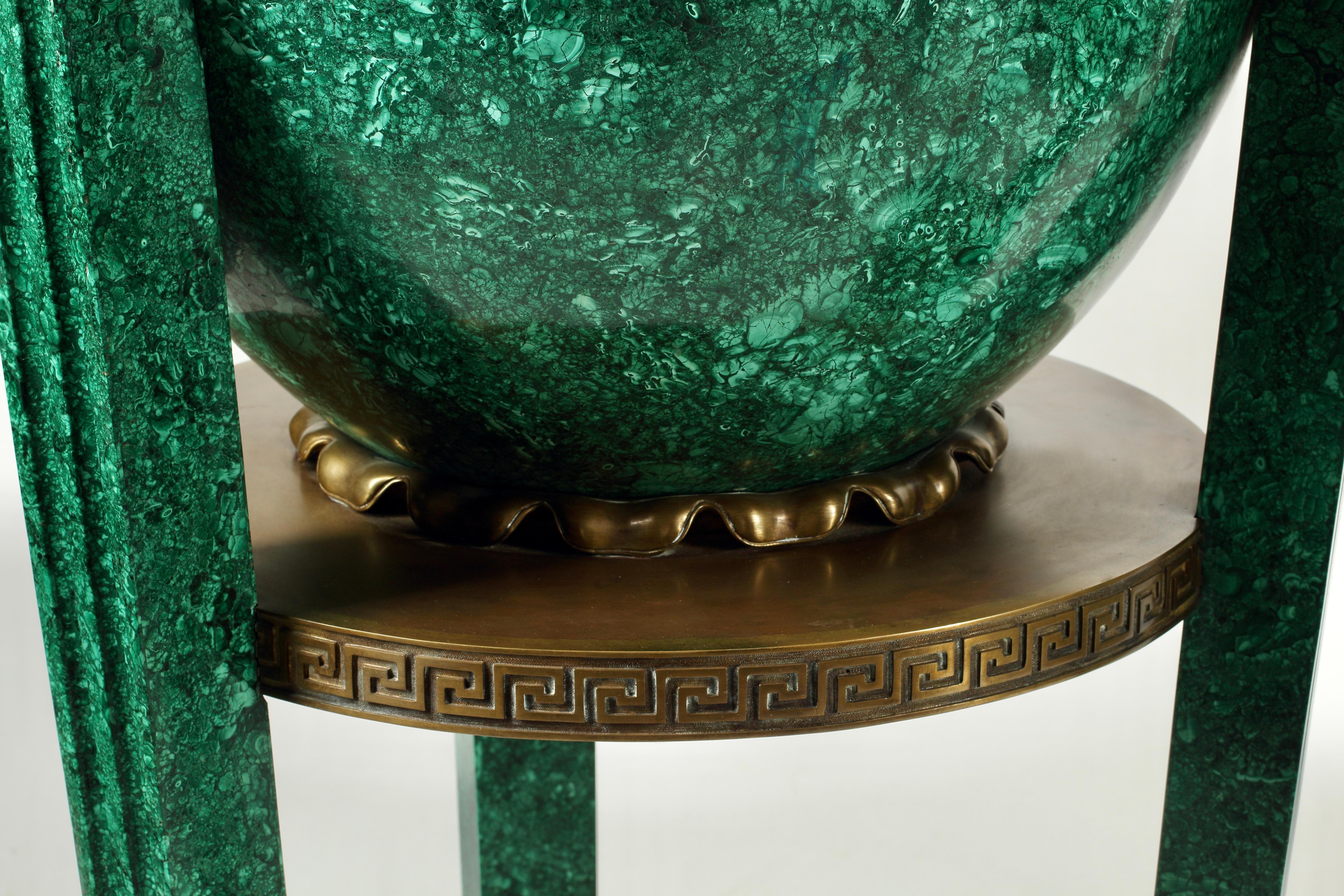 20th Century Monumental Pair of Malachite and Bronze Neoclassical Style Urns on Stand For Sale