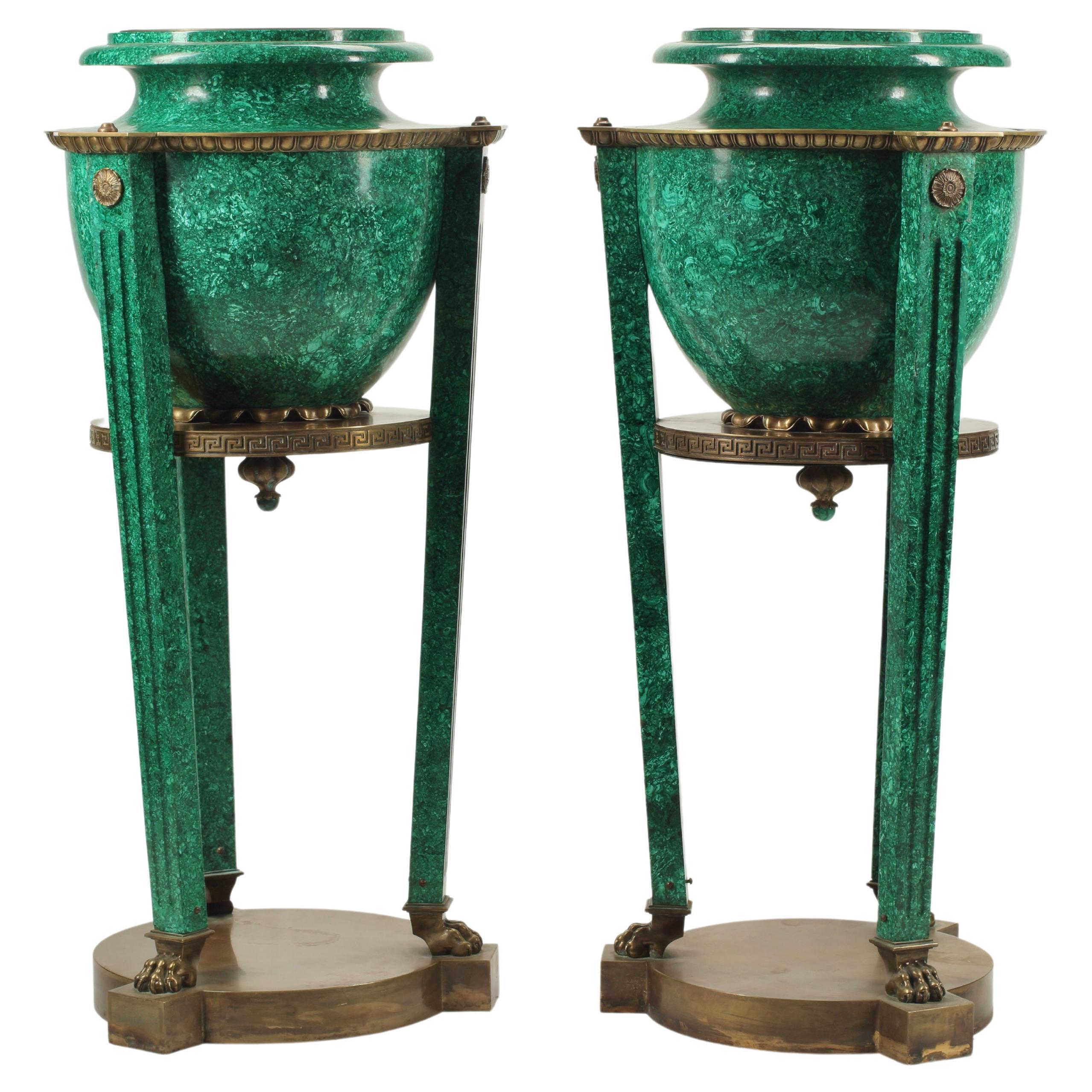 Monumental Pair of Malachite and Bronze Neoclassical Style Urns on Stand For Sale