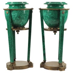 Monumental Pair of Malachite and Bronze Neoclassical Style Urns on Stand