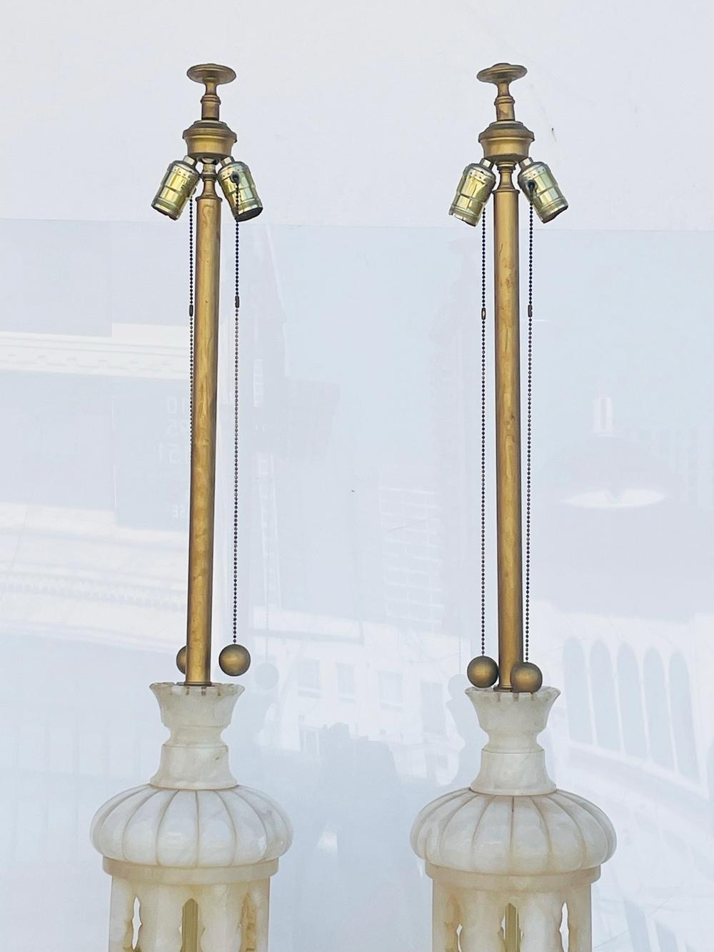 Italian Monumental Pair of Marble Lamps Made in Italy For Sale