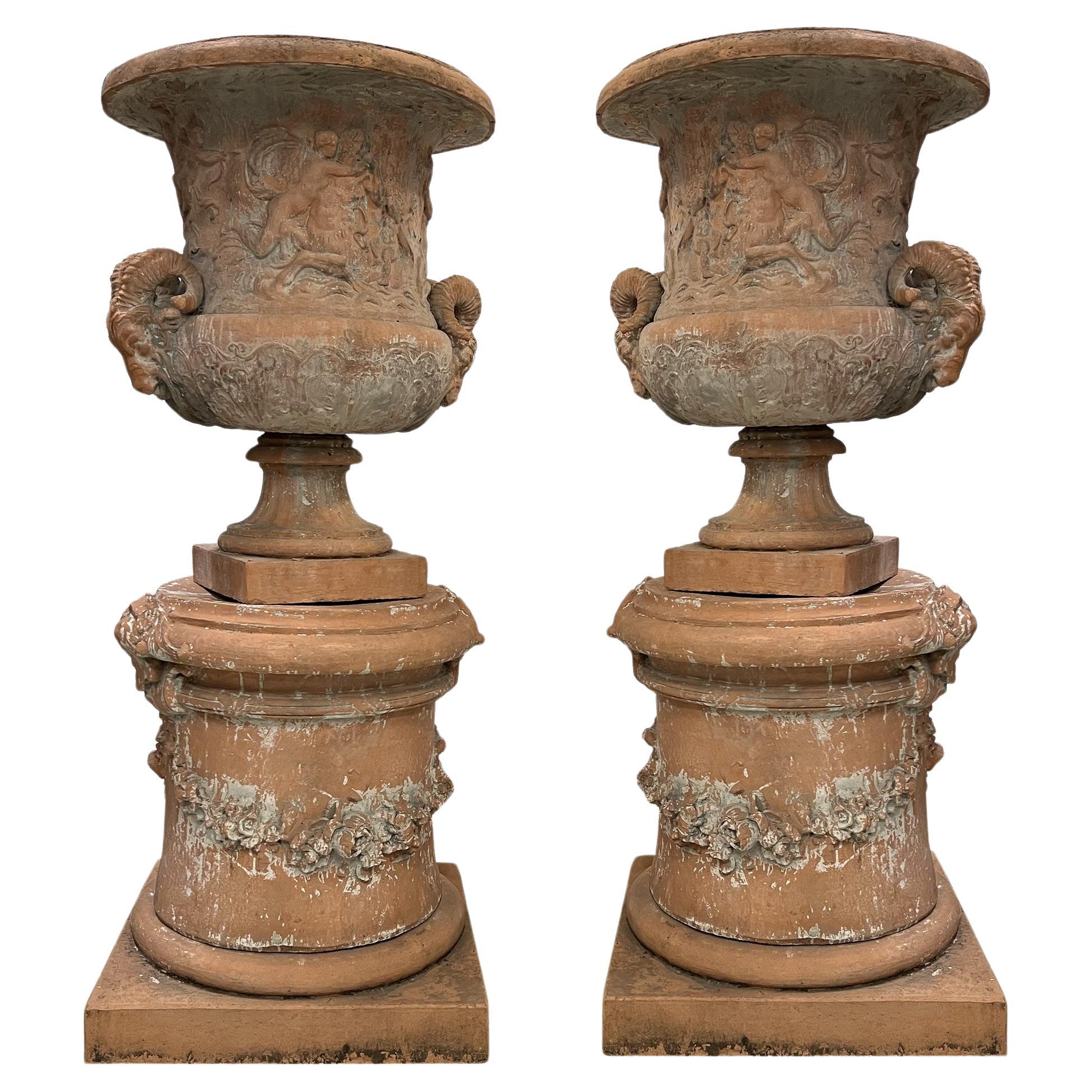 Monumental pair of Medicis vases on columns, in terracotta France, circa 1950