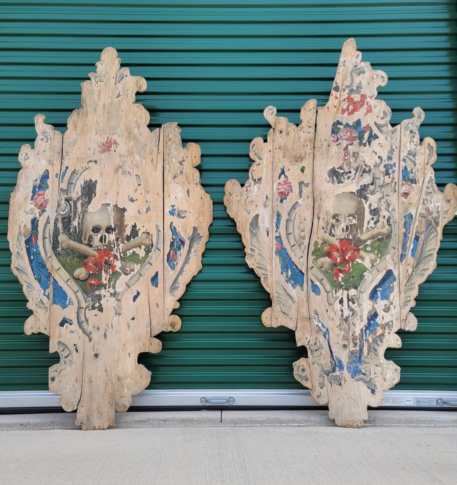 A magnificent pair of large one-of-a-kind medieval Italian armorial shield church architectural elements. 

Dating to around the late 15th century, hand-crafted in Italy, most impressive size, standing over 6-feet tall, bow front shaped shield form,