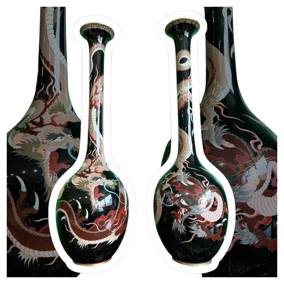 Monumental Pair of Meiji Japanese Cloisonne Enamel Dragons on Black Enamel Vases