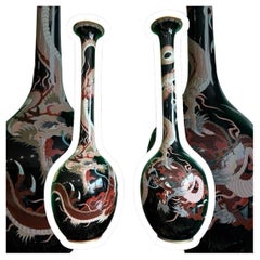 Monumental Pair of Meiji Japanese Cloisonne Enamel Dragons on Black Enamel Vases