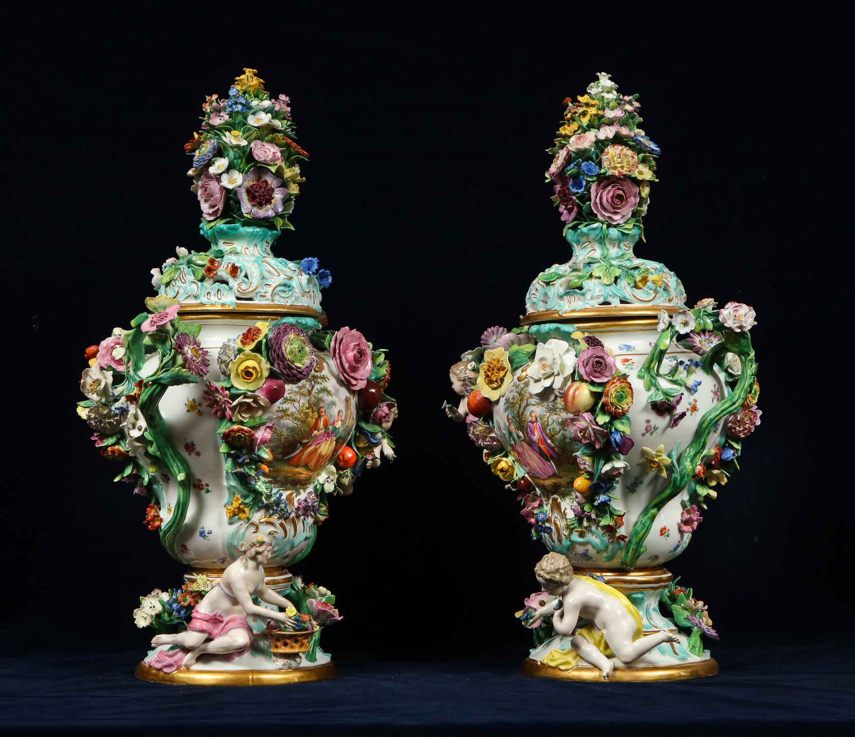Monumental Pair of Meissen Porcelain Pot-Pourri Vases, circa 1850 4