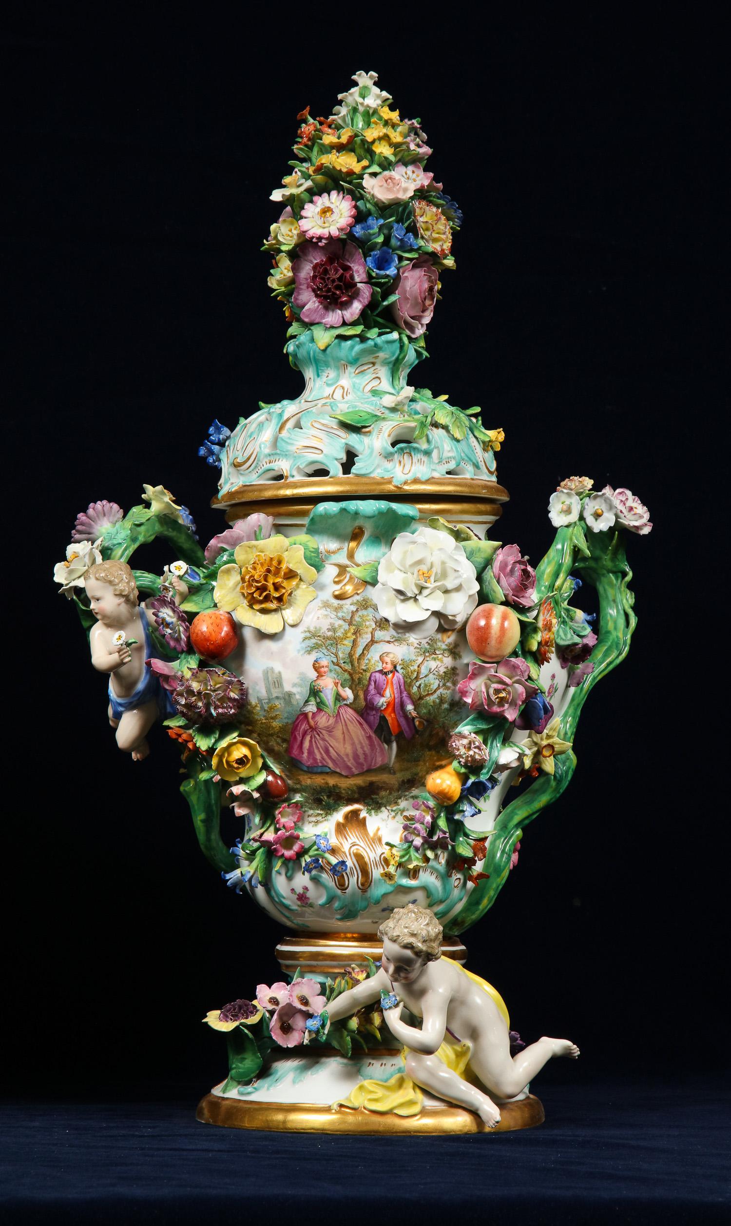German Monumental Pair of Meissen Porcelain Pot-Pourri Vases, circa 1850