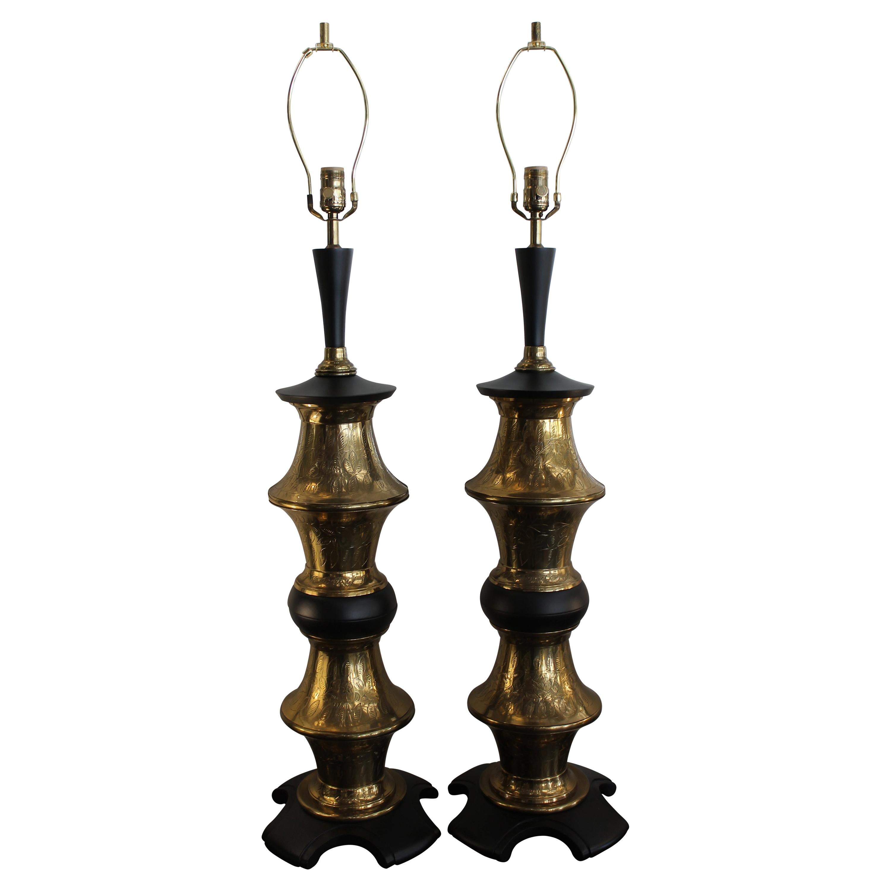 Monumental Pair of Brass Moroccan Style Lamps