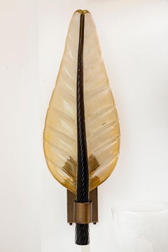 Monumental Pair of Murano Gold & Black Leaf Wall Lights, UL Certified