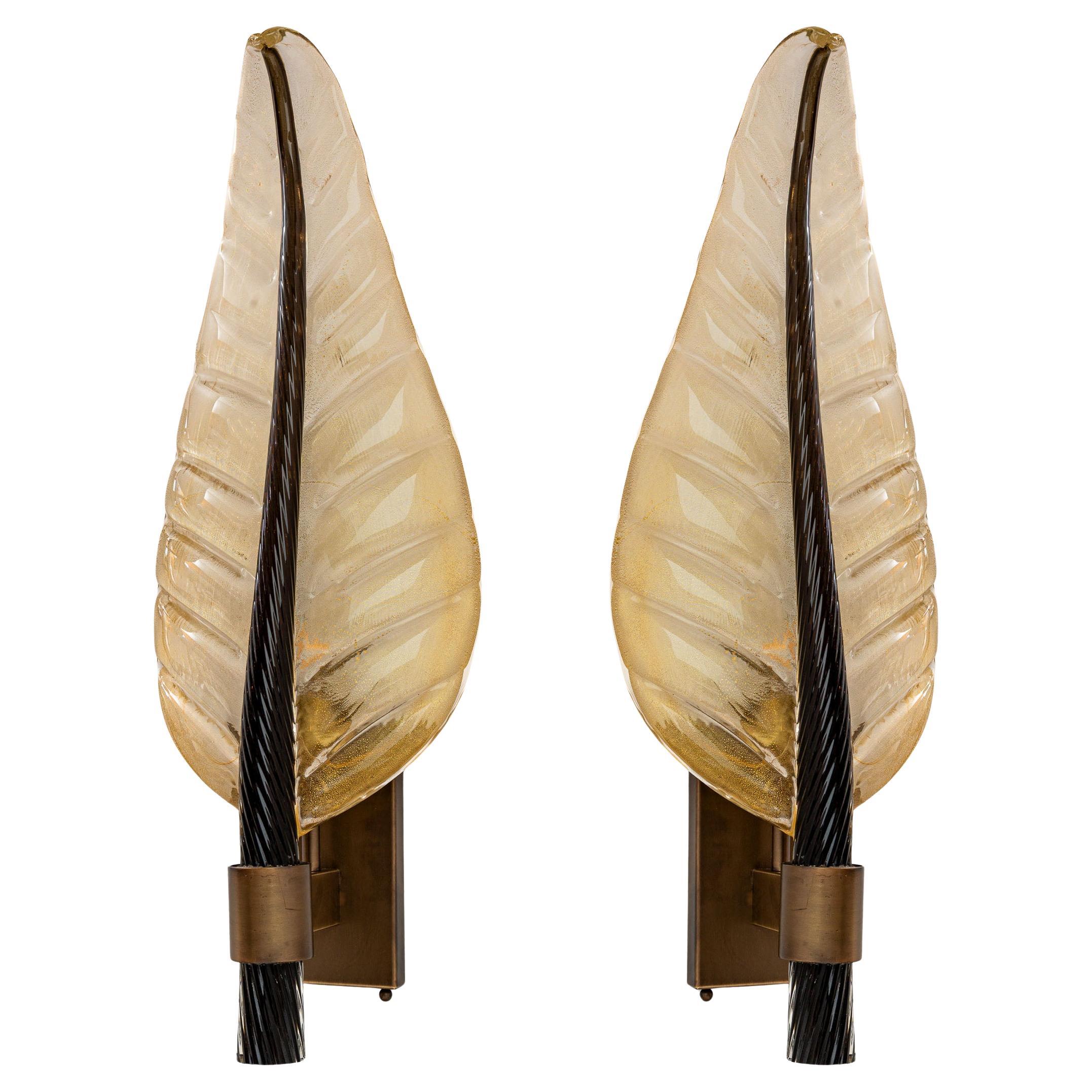 Monumentales Paar Murano Gold & Black Leaf Wall Lights, UL zertifiziert im Angebot