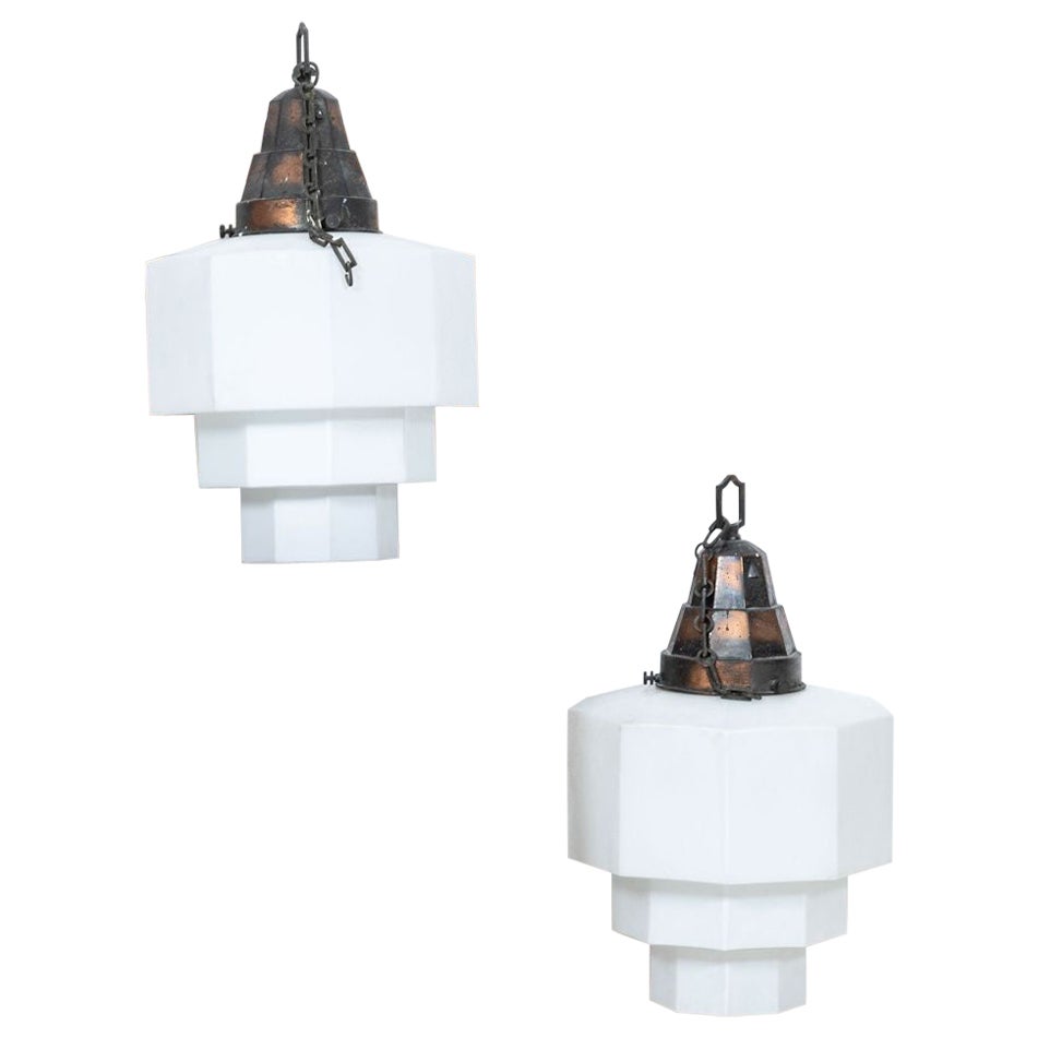 Monumental Pair of Opaline Pendant Lights