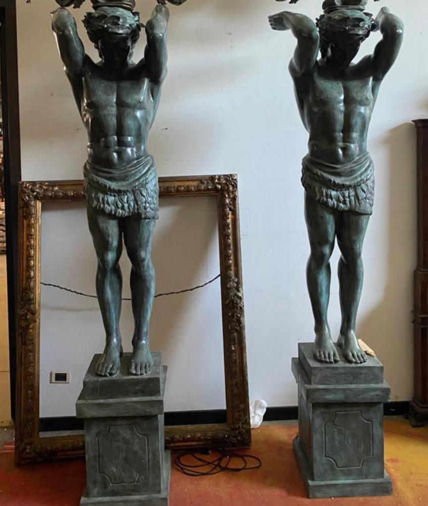 Monumental Pair of Patinated Bronze Atlas Candelabra, 20th Century 300 cm For Sale 2