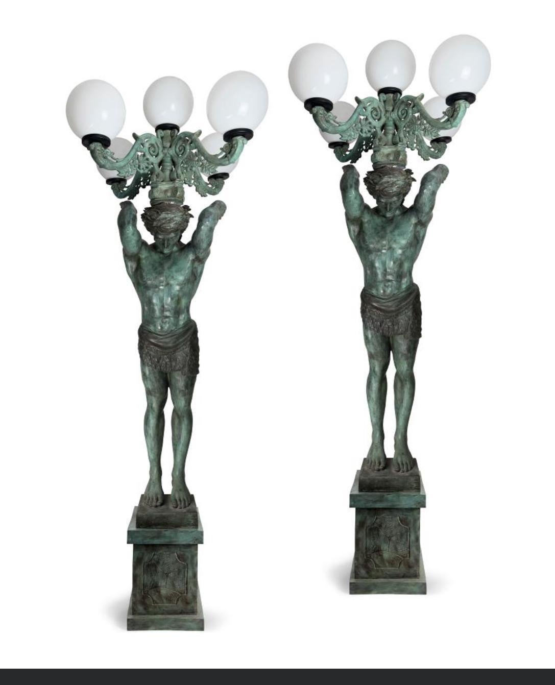 Monumental Pair of Patinated Bronze Atlas Candelabra, 20th Century 300 cm For Sale 3