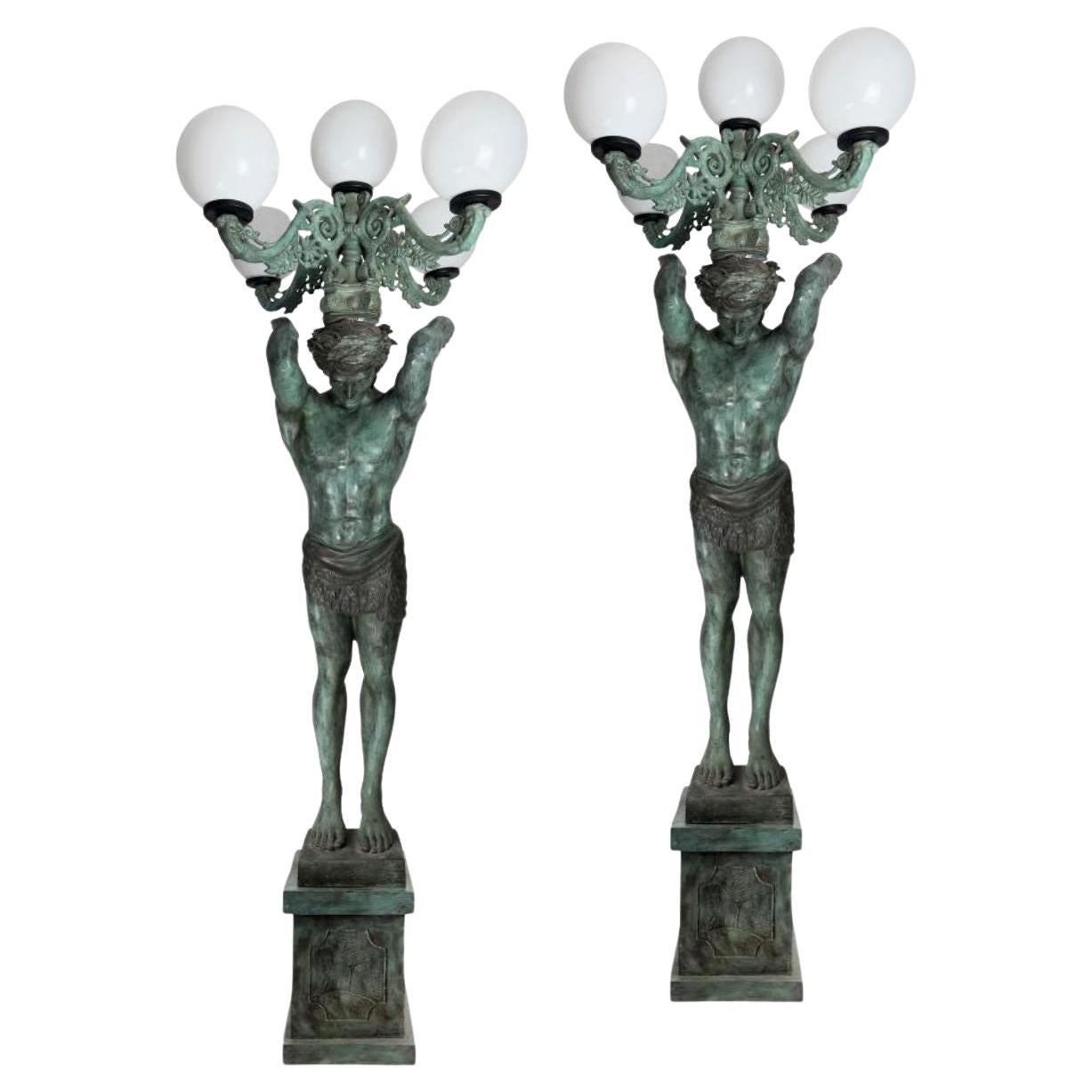 Monumental Pair of Patinated Bronze Atlas Candelabra, 20th Century 300 cm