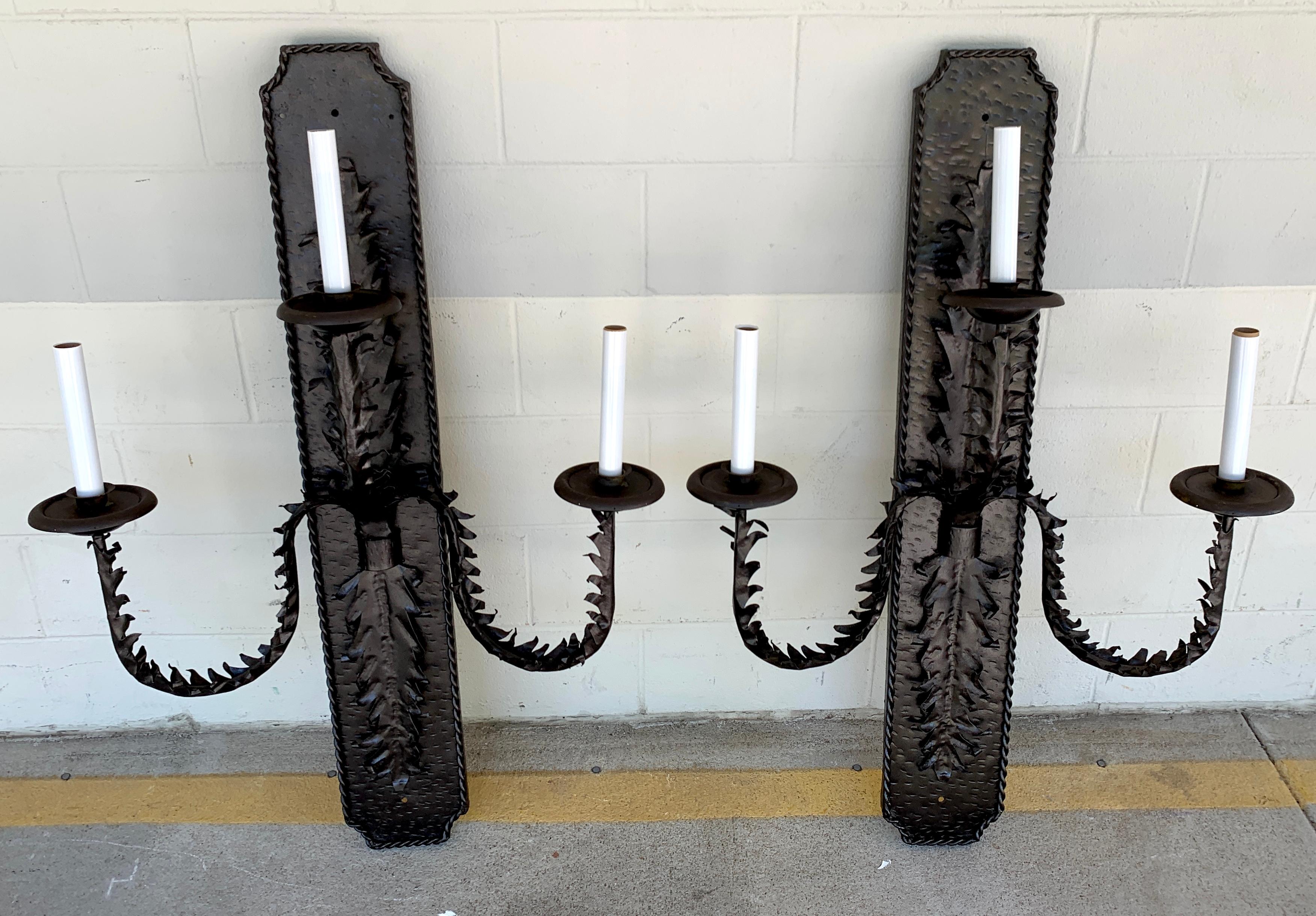 American Monumental Pair of Patinated Brutalist Wall Sconces