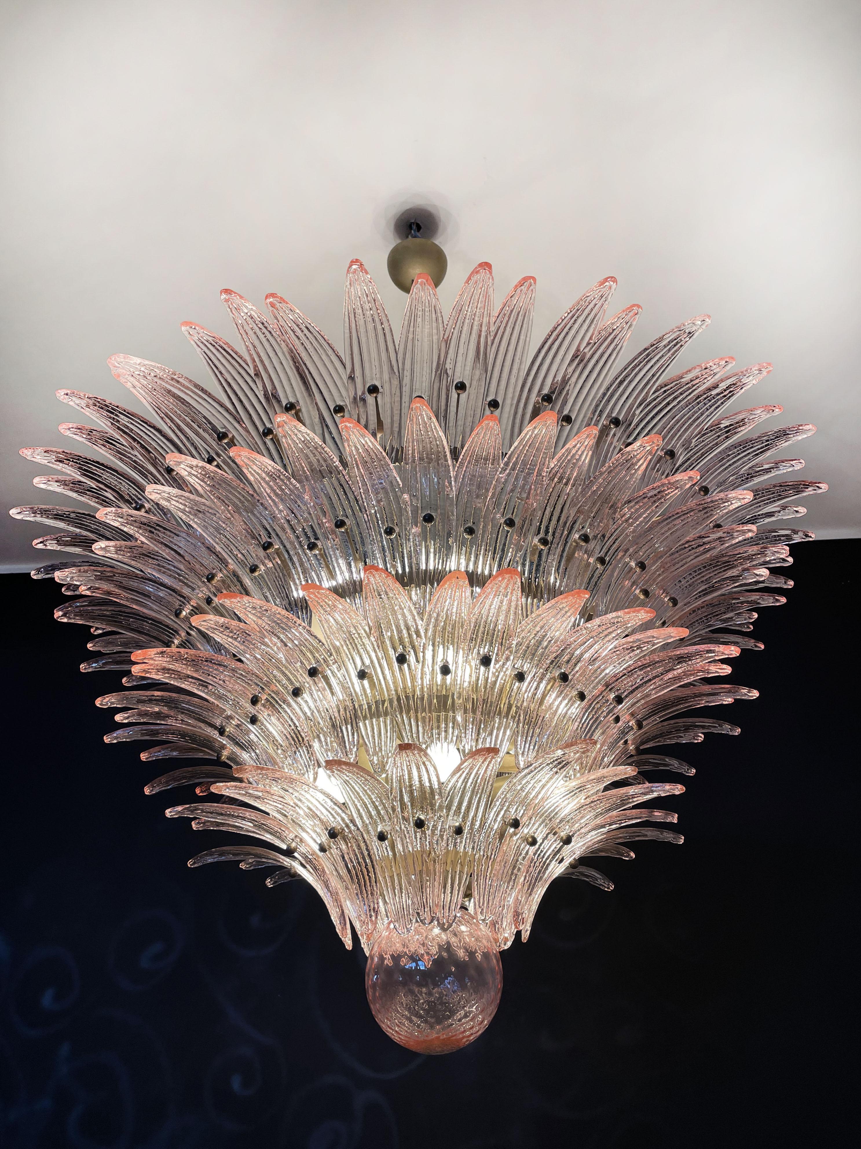 Monumental Pair of Pink Glass Leaf Chandeliers, Murano For Sale 5